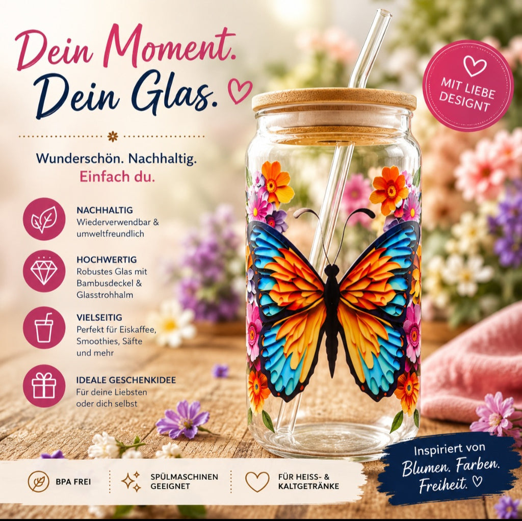 Schmetterlings-Trinkglas mit Bambusdeckel & Glasstrohhalm 🦋🌸